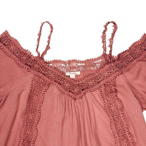 Pinky Blouse Women M Pink Lace Trim Feminine Romantic Bohemian Coastal Beach Top - Picture 2 of 15